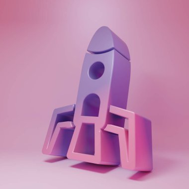Pembe arka planda izole edilmiş mor-pembe roket gemi ikonu. Uzay yolculuğu. Minimalizm kavramı. 3 Boyutlu resimleme .
