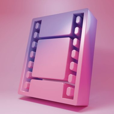 Pembe arka planda Mor Pembe Oyun Video simgesi izole edildi. Film şeridi tabelası. Minimalizm kavramı. 3 Boyutlu resimleme .