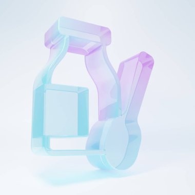 Beyaz arka planda izole edilmiş kaşık ikonu olan şişede yoğurt içmek. Minimalizm kavramı. 3 Boyutlu resimleme .