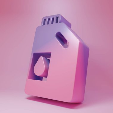 Purple-pink Canister for motor machine oil icon isolated on pink background. Oil gallon. Oil change service and repair. Engine oil sign. Minimalism concept. 3D render illustration .