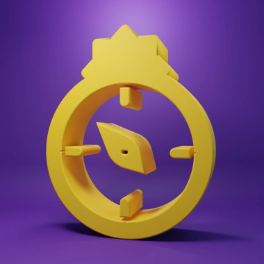 Yellow Qibla icon isolated on purple background. Qibla Islamic Arab term used for the direction for offering a prayer, which is Kaaba in Mecca. Minimalism concept. 3D render illustration.