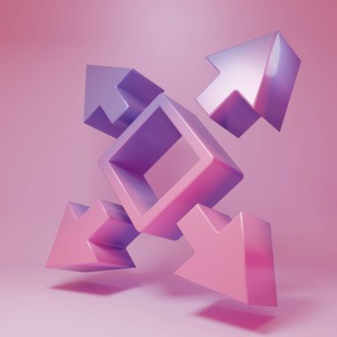 Purple-pink Many ways directional arrow icon isolated on pink background. Minimalism concept. 3D render illustration.