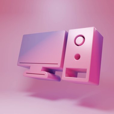 Pembe arka planda Mor-pembe bilgisayar monitörü simgesi izole edildi. Bilgisayar bileşeni işareti. Minimalizm kavramı. 3 Boyutlu resimleme.