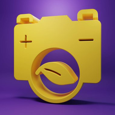 Sarı eko doğa yaprağı ve pil ikonu mor arkaplanda izole edilmiş. Enerji, ekoloji tasarruf kavramına dayanır. Minimalizm kavramı. 3 Boyutlu resimleme.