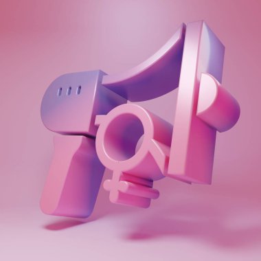 Purple-pink Female movement, feminist activist with banner and placards icon isolated on pink background. Feminist rights movement, feminism sisterhood. Minimalism concept. 3D render illustration.