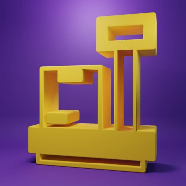 Yellow Scale with cardboard box icon isolated on purple background. Logistic and delivery. Weight of delivery package on a scale. Minimalism concept. 3D render illustration.