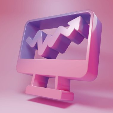 Purple-pink Computer monitor with graph chart icon isolated on pink background. Report text file icon. Accounting sign. Audit, analysis, planning. Minimalism concept. 3D render illustration.