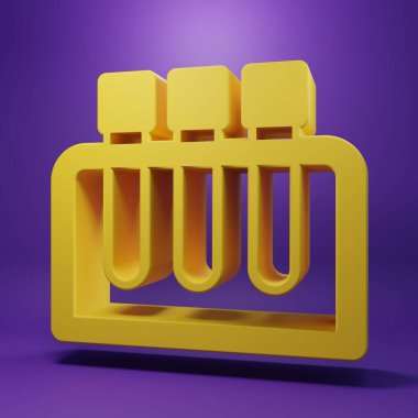 Sarı test tüpü ve mor arka planda izole edilmiş kimyasal test ikonu. Laboratuvar cam levhası. Minimalizm kavramı. 3 Boyutlu resimleme.