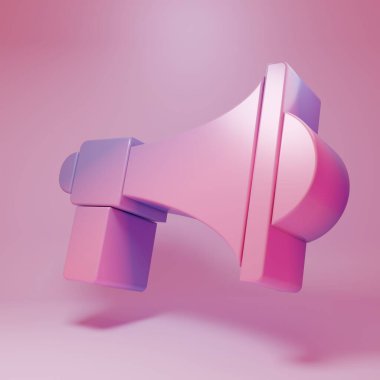 Purple-pink Megaphone icon isolated on pink background. Loud speach alert concept. Bullhorn for Mouthpiece scream promotion. Minimalism concept. 3D render illustration.