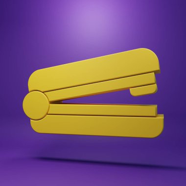 Yellow Office stapler icon isolated on purple background. Stapler, staple, paper, cardboard, office equipment. Minimalism concept. 3D render illustration.