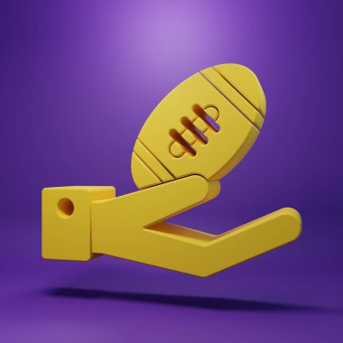 Yellow American Football ball on hand icon isolated on purple background. Rugby ball icon. Team sport game symbol. Minimalism concept. 3D render illustration.