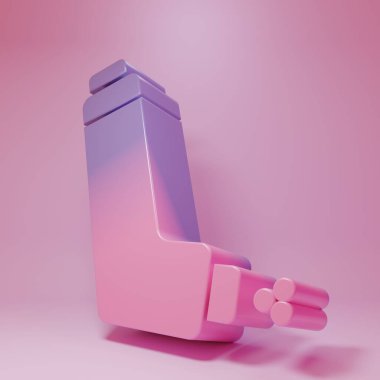 Purple-pink Inhaler icon isolated on pink background. Breather for cough relief, inhalation, allergic patient. Medical allergy asthma inhaler spray. Minimalism concept. 3D render illustration.