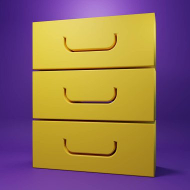 Yellow Drawer with documents icon isolated on purple background. Archive papers drawer. File Cabinet Drawer. Office furniture. Minimalism concept. 3D render illustration.