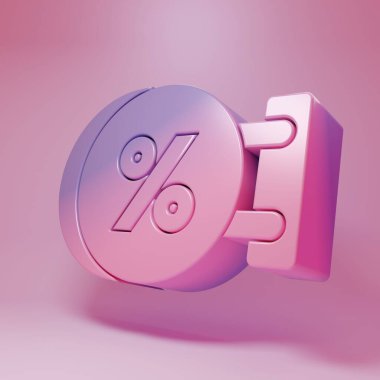 Purple-pink Signboard hanging with an inscription discount percent icon isolated on pink background. Suitable for bar, cafe, pub, restaurant. Minimalism concept. 3D render illustration.