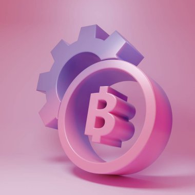 Purple-pink Cryptocurrency coin Bitcoin icon isolated on pink background. Gear and Bitcoin setting. Blockchain based secure crypto currency. Minimalism concept. 3D render illustration.