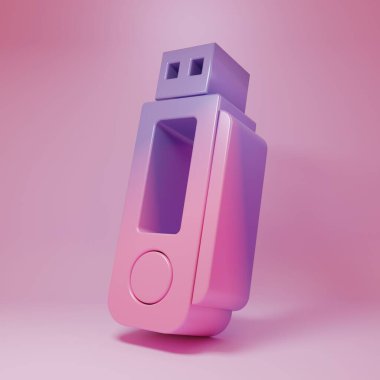 Purple-pink USB flash drive icon isolated on pink background. Minimalism concept. 3D render illustration.