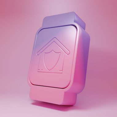 Purple-pink Smart watch with house under protection icon isolated on pink background. Protection, safety, security, protect, defense concept. Minimalism concept. 3D render illustration.