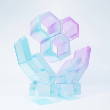 Beyaz arka planda izole edilmiş buzlu cam bal peteği ve el ikonu. Bal hücrelerinin sembolü. Tatlı doğal yemek. Minimalizm kavramı. 3 Boyutlu resimleme.