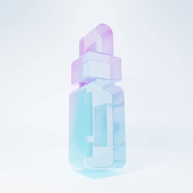 Pipetli buzlu cam bir şişe. Beyaz arka planda izole edilmiş, içinde pipet olan bir şişe. Tıbbi ve kozmetik ürünler için konteynır. Minimalizm kavramı. 3 Boyutlu resimleme.