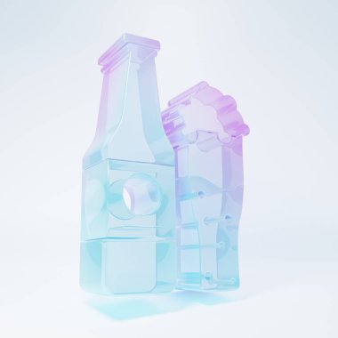 Frosted glass Beer bottle and glass icon isolated on white background. Alcohol Drink symbol. Minimalism concept. 3D render illustration.