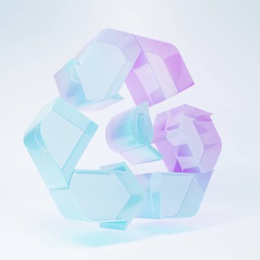 Buzlu cam geri dönüşüm sembolü ve beyaz arkaplanda izole edilmiş yaprak ikonu. Çevre geri dönüşümü yeşile döner. Minimalizm kavramı. 3 Boyutlu resimleme.