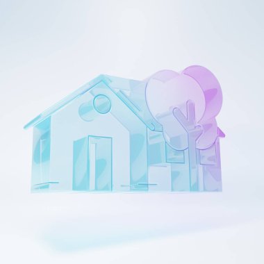 Beyaz arka planda izole edilmiş buzlu cam çevre dostu ev ikonu. Ağaçlı eko ev. Minimalizm kavramı. 3 Boyutlu resimleme.