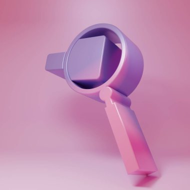 Purple-pink Magnifying glass icon isolated on pink background. Search, focus, zoom, business symbol. Minimalism concept. 3D render illustration.