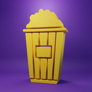 Yellow Popcorn in cardboard box icon isolated on purple background. Popcorn bucket box. Minimalism concept. 3D render illustration.
