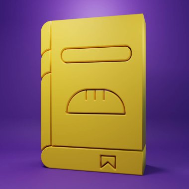 Sarı Yemek Kitabı simgesi mor arkaplanda izole edildi. Yemek kitabı ikonu. Yemek tarifi kitabı. Çatal ve bıçak ikonları. Çatal bıçak sembolü. Minimalizm kavramı. 3 Boyutlu resimleme.