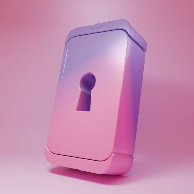 Purple-pink Smartphone with lock icon isolated on pink background. Phone with lock. Mobile security, safety, protection concept. Minimalism concept. 3D render illustration.