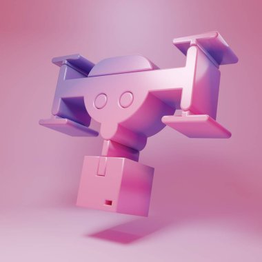 Purple-pink Delivery drone with the package icon isolated on pink background. Drone delivering cardboard box. Minimalism concept. 3D render illustration.