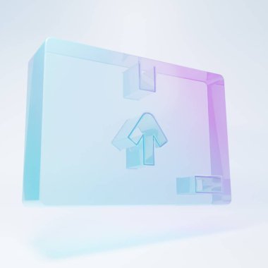 Frosted glass Cardboard box with traffic symbol icon isolated on white background. Box, package, parcel sign. Delivery, transportation and shipping. Minimalism concept. 3D render illustration.