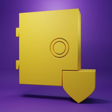 Yellow Safe with shield icon isolated on purple background. Insurance concept. Security, safety, protection, protect concept. Minimalism concept. 3D render illustration.