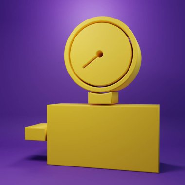 Yellow Gauge scale icon isolated on purple background. Satisfaction, temperature, manometer, risk, rating, performance, speed tachometer. Minimalism concept. 3D render illustration.