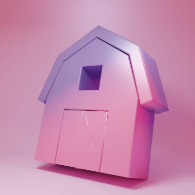 Purple-pink Farm House concept icon isolated on pink background. Rustic farm landscape. Minimalism concept. 3D render illustration.