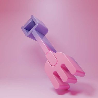 Pembe arka planda mor-pembe tırmık simgesi var. Bahçecilik, tarım, çiftçilik aleti. Toprak işçisi. Temizlik ekipmanları. Minimalizm kavramı. 3 Boyutlu resimleme.