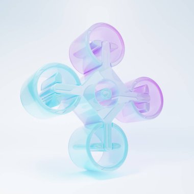 Frosted glass Drone flying with action video camera icon isolated on white background. Quadrocopter with video and photo camera symbol. Minimalism concept. 3D render illustration.