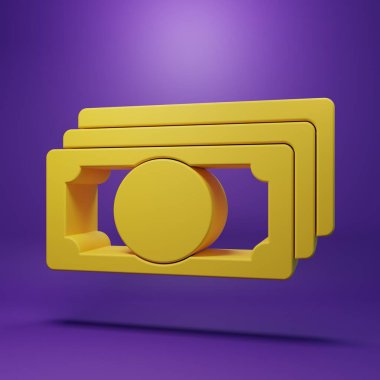 Sarı deste kağıt para nakit ikonu mor arka planda izole. Para desteleri. Para birimi. Minimalizm kavramı. 3 Boyutlu resimleme.