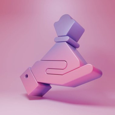 Purple-pink Hand holding money bag icon isolated on pink background. Dollar or USD symbol. Cash Banking currency sign. Minimalism concept. 3D render illustration.