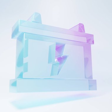 Frosted glass Car battery icon isolated on white background. Accumulator battery energy power and electricity accumulator battery. Lightning bolt. Minimalism concept. 3D render illustration.