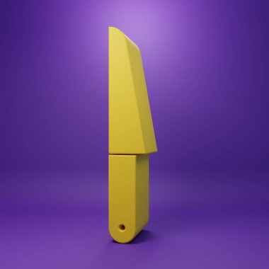 Sarı Bıçak simgesi mor arkaplanda izole edilmiş. Çatal bıçak sembolü. Minimalizm kavramı. 3 Boyutlu resimleme.