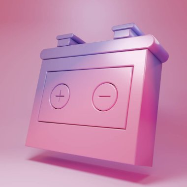 Purple-pink Car battery icon isolated on pink background. Accumulator battery energy power and electricity accumulator battery. Minimalism concept. 3D render illustration.