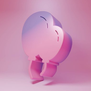 Pembe arka planda izole edilmiş kurdele ikonu olan mor-pembe balonlar. Minimalizm kavramı. 3 Boyutlu resimleme.
