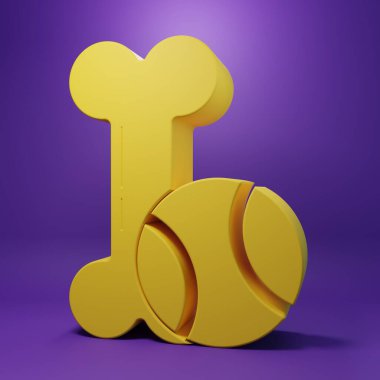 Sarı evcil hayvan oyuncakları mor arka planda izole edilmiş kemik kauçuğu ve top ikonu. Minimalizm kavramı. 3 Boyutlu resimleme.