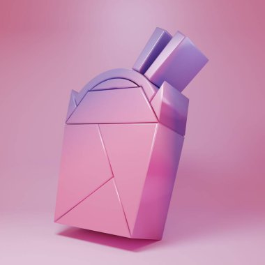 Purple-pink Asian noodles in paper box and chopsticks icon isolated on pink background. Street fast food. Korean, Japanese, Chinese food. Minimalism concept. 3D render illustration.