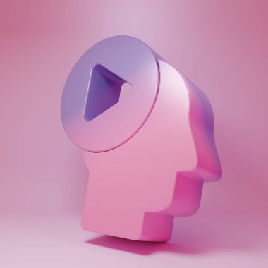 Pembe arka planda pembe renkli oyun düğmesi simgesi olan mor başlı insanlar. Minimalizm kavramı. 3 Boyutlu resimleme.