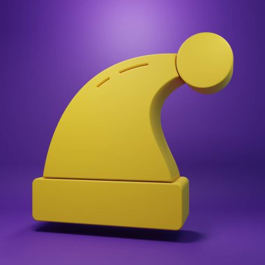 Yellow Christmas Santa Claus hat icon isolated on purple background. Merry Christmas and Happy New Year. Minimalism concept. 3D render illustration.