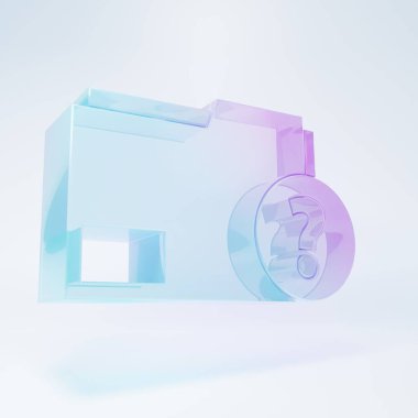 Frosted glass Unknown document folder icon isolated on white background. File with Question mark. Hold report, service and global search sign. Minimalism concept. 3D render illustration.