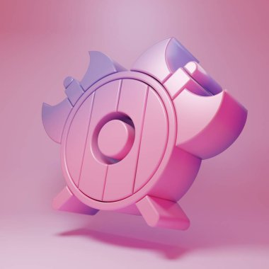 Purple-pink Medieval shield with crossed axes icon isolated on pink background. Battle axe, executioner axe. Minimalism concept. 3D render illustration.