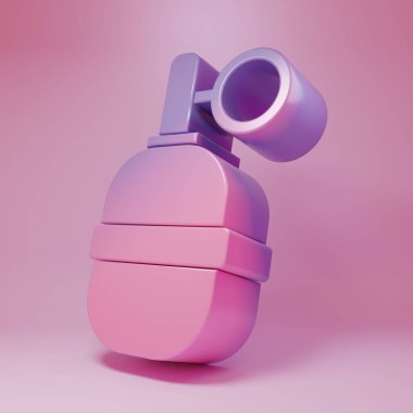 Purple-pink Hand grenade icon isolated on pink background. Bomb explosion. Minimalism concept. 3D render illustration.